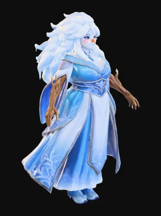 3D model for #Christmas2025#, Toma como refrencia la foto. Conviertelo en un personaje de anime. como un snow woman.  sin abandonar  el estilo snowman estilo jack frost. manten el cuerpo mediano. usar ropa de mujer .ropa en colores frios. mostrar mas los brazos en textura de madera. tambien favorecer el uso de cabello en forma de nieve . Nariz  pequeña en color naranja .Mostrar  Cuerpo entero .