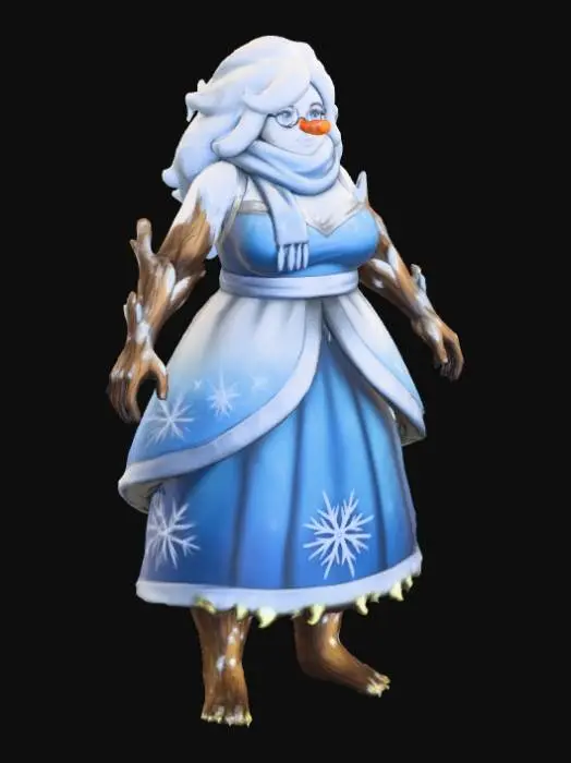 3D model for #Christmas2025#, Toma como refrencia la foto. Conviertelo en un personaje de anime. como un snow woman.  sin abandonar  el estilo snowman estilo jack frost. manten el cuerpo mediano. usar ropa femenina.ropa en colores frios. mostrar mas los brazos en textura de madera. tambien favorecer el uso de cabello en forma de nieve . Nariz de zanahoria pequeña .Mostrar  Cuerpo entero .