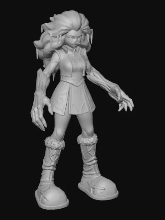 3D model for #Christmas2025#, Toma como refrencia la foto. Conviertelo en un personaje de anime. como un snow woman.  sin abandonar  el estilo snowman estilo jack frost. manten el cuerpo mediano. usar ropa de mujer .ropa en colores frios. mostrar mas los brazos en textura de madera. tambien favorecer el uso de cabello en forma de nieve . Nariz  pequeña en color naranja .Mostrar  Cuerpo entero .