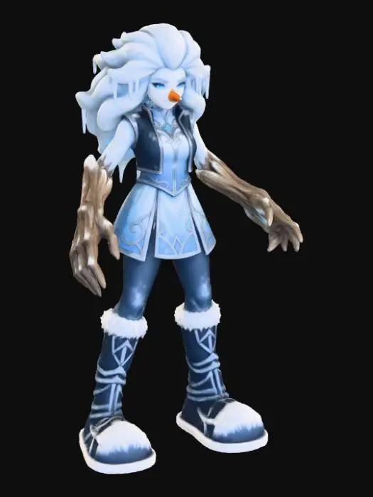 3D model for #Christmas2025#, Toma como refrencia la foto. Conviertelo en un personaje de anime. como un snow woman.  sin abandonar  el estilo snowman estilo jack frost. manten el cuerpo mediano. usar ropa de mujer .ropa en colores frios. mostrar mas los brazos en textura de madera. tambien favorecer el uso de cabello en forma de nieve . Nariz  pequeña en color naranja .Mostrar  Cuerpo entero .