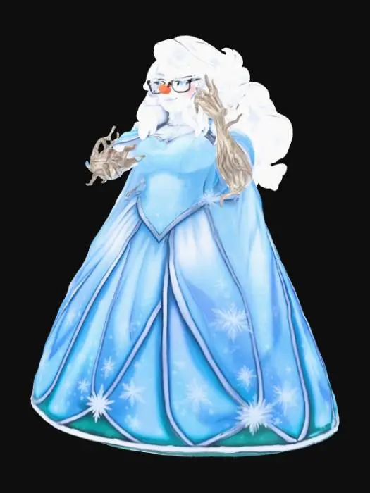 3D model for #Christmas2025#, Toma como refrencia la foto. Conviertelo en un personaje de anime. como un snow woman.  sin abandonar  el estilo snowman estilo jack frost. manten el cuerpo mediano.  lentes. usar ropa femenina.ropa en colores frios. mostrar mas los brazos en textura de madera. tambien favorecer el uso de cabello en forma de nieve . Nariz de zanahoria. Cuerpo entero .