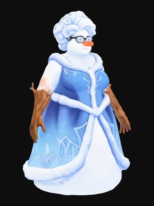 3D model for #Christmas2025#, Toma como refrencia la foto. Conviertelo en un personaje de anime. como un snow woman.  sin abandonar  el estilo snowman estilo jack frost. manten el cuerpo mediano. usar ropa de mujer .ropa en colores frios. mostrar mas los brazos en textura de madera. tambien favorecer el uso de cabello en forma de nieve . Nariz  pequeña en color naranja .Mostrar  Cuerpo entero .