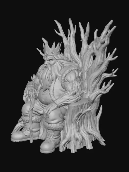 3D model for #Christmas2025#, Toma como refrencia la foto. Conviertelo en un personaje de anime. como un snowman. sin abandonar  el estilo snowman con sus brazos de rama musculosos . estilo jack frost. manten el cuerpo mediano.usar ropa como chalecos.botas. con un baston  de hielo. en el cual se apoya. hacer el modelo con apariencia de anciano. Con barba. Usar nieve y hielo para el cabello y barba. Ojos blancos. Con su nariz de carbon. Sentado sobre un troni hecho de ramaas gruesas. Vistiendo como un rey con una corona hecha de hielo y oro