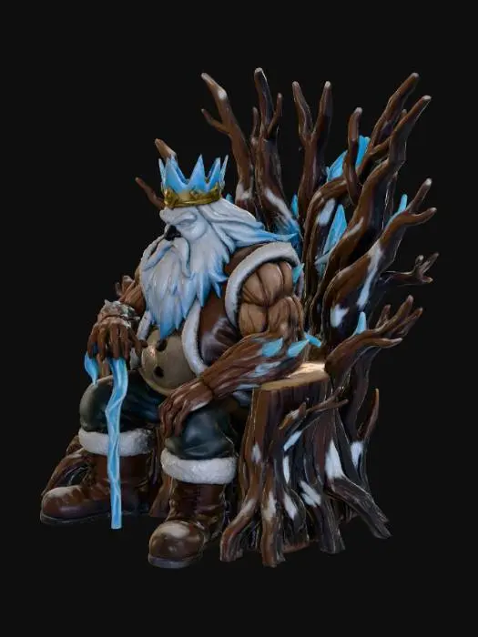 3D model for #Christmas2025#, Toma como refrencia la foto. Conviertelo en un personaje de anime. como un snowman. sin abandonar  el estilo snowman con sus brazos de rama musculosos . estilo jack frost. manten el cuerpo mediano.usar ropa como chalecos.botas. con un baston  de hielo. en el cual se apoya. hacer el modelo con apariencia de anciano. Con barba. Usar nieve y hielo para el cabello y barba. Ojos blancos. Con su nariz de carbon. Sentado sobre un troni hecho de ramaas gruesas. Vistiendo como un rey con una corona hecha de hielo y oro