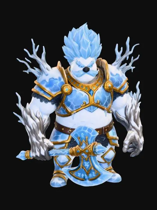 3D model for #Christmas2025#, Toma como refrencia la foto. Conviertelo en un personaje de anime. como un snowman.con sus brazos de rama musculosos . estilo jack frost. manten el cuerpo mediano.usar ropa de caballero. hacer el modelo con apariencia de guardia. Usar nieve y hielo para cabello y bigote. Ojos azuled. Con su nariz de carbon. Vistiendo como un caballero con arma  hecha de hielo y oro. No espada. No martillo. Usar otras armad. Personaje alto y musculoso. Solo bigote no barba usando armadura. Mostrar cuerpo completo.