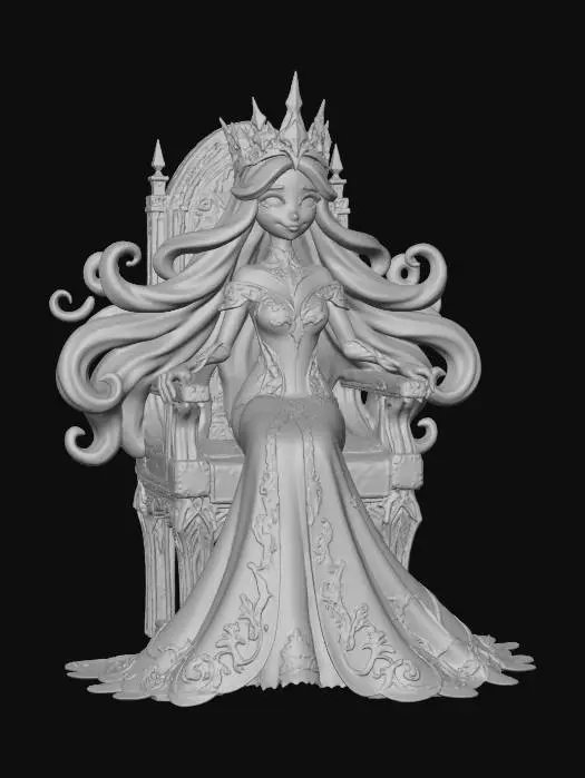 3D model for #Christmas2025#, Toma como refrencia la foto. Conviertelo en un personaje de anime. como un snow woman.  sin abandonar  el estilo snowman estilo jack frost. manten el cuerpo con su silueta delgada como una modelo. usar ropa de mujer .ropa en colores frios. mostrar mas los brazos en textura de madera. tambien favorecer el uso de cabello en forma de nieve . Nariz  pequeña en color naranja .Mostrar  Cuerpo entero . has el modelo con cabello largo. sera la reina. con su corona en hielo con acentos en dorado y rosa. sentada enun trono de hielo fino. con  una sonria ojos en color morado. ojos al estilo anime muy lindos. con un vestido largo que llegue al suelo. con encaje en dorado y rosa.