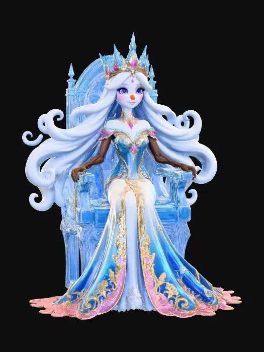 3D model for #Christmas2025#, Toma como refrencia la foto. Conviertelo en un personaje de anime. como un snow woman.  sin abandonar  el estilo snowman estilo jack frost. manten el cuerpo con su silueta delgada como una modelo. usar ropa de mujer .ropa en colores frios. mostrar mas los brazos en textura de madera. tambien favorecer el uso de cabello en forma de nieve . Nariz  pequeña en color naranja .Mostrar  Cuerpo entero . has el modelo con cabello largo. sera la reina. con su corona en hielo con acentos en dorado y rosa. sentada enun trono de hielo fino. con  una sonria ojos en color morado. ojos al estilo anime muy lindos. con un vestido largo que llegue al suelo. con encaje en dorado y rosa.
