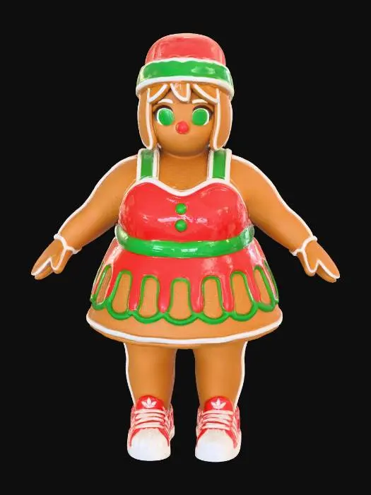 3D model for #Christmas2025#, Toma como refrencia la foto. Conviertelo en un personaje de anime. como una mujer de galleta de genjibre. con icing en los bordes usando como referencia la foto. la ropa sera com icing usando addidas como sapatos y el cuerpo hecho de galleta pero tambien en una forma. con traje de navidad. ojos y nariz de gomita,