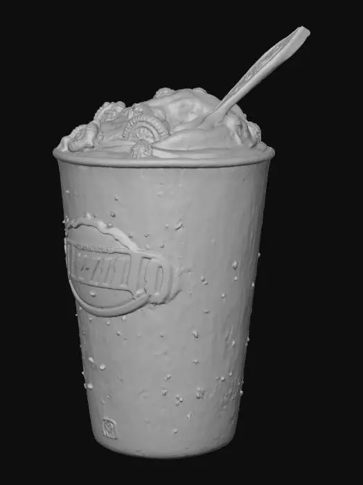 3D model for #Christmas2025#, has un dairy queen Blizzard. De oreo en su vaso de 16 oz. El vaso en color azul  y el logo de dairy queen. Y la cuchara en. Rojo saliendo del  blizzard.