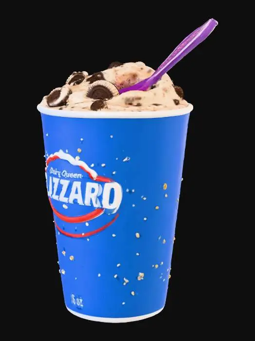 3D model for #Christmas2025#, has un dairy queen Blizzard. De oreo en su vaso de 16 oz. El vaso en color azul  y el logo de dairy queen. Y la cuchara en. Rojo saliendo del  blizzard.
