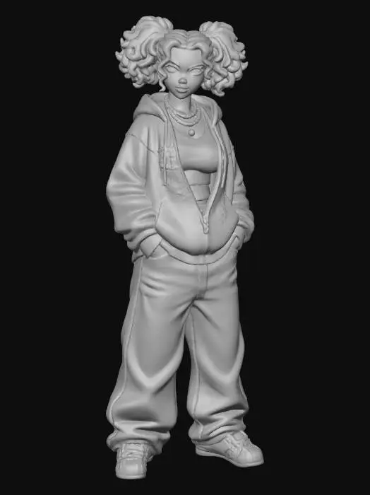 3D model for copia  al personaje de  anime . estilo cholo.  y jeans  baggy que cubra sus pies . sin lentes.  . estilo  ganster. tenis addidass. el modelo tiene que estar en poses estandar,sin el arbol  y has el modelo respetando su fisionomia. y todo su atuendo. y estilo de peinado. copa D de busto. . quita la gorra y agrega un hoodie sin el gorro puesto