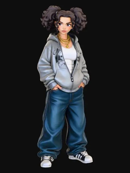 3D model for copia  al personaje de  anime . estilo cholo.  y jeans  baggy que cubra sus pies . sin lentes.  . estilo  ganster. tenis addidass. el modelo tiene que estar en poses estandar,sin el arbol  y has el modelo respetando su fisionomia. y todo su atuendo. y estilo de peinado. copa D de busto. . quita la gorra y agrega un hoodie sin el gorro puesto