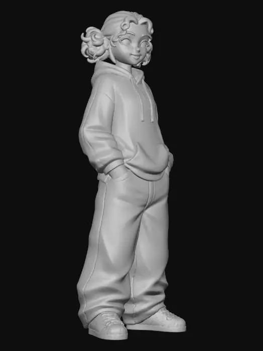 3D model for copia  al personaje de  anime . estilo cholo.  y jeans  baggy que cubra sus pies . sin lentes.  . estilo  ganster. tenis addidass. el modelo tiene que estar en poses estandar,sin el arbol  y has el modelo respetando su fisionomia. y todo su atuendo. y estilo de peinado . quita la gorra y agrega un hoodie