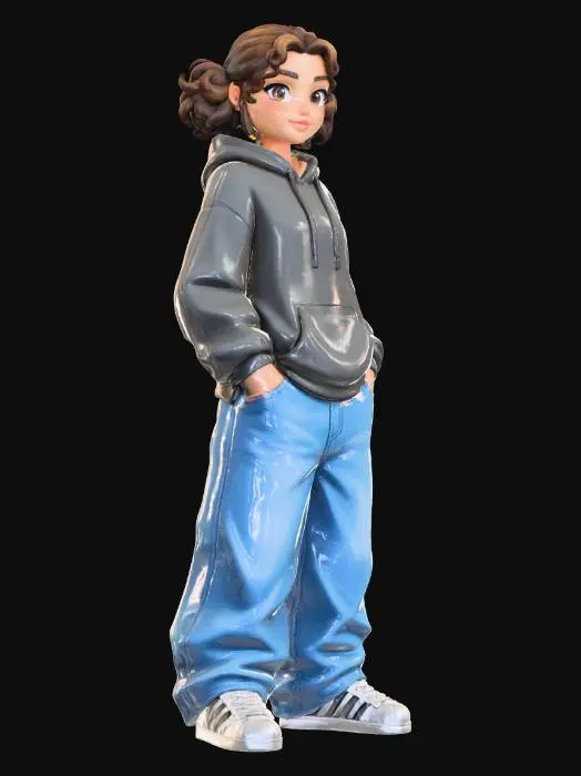 3D model for copia  al personaje de  anime . estilo cholo.  y jeans  baggy que cubra sus pies . sin lentes.  . estilo  ganster. tenis addidass. el modelo tiene que estar en poses estandar,sin el arbol  y has el modelo respetando su fisionomia. y todo su atuendo. y estilo de peinado . quita la gorra y agrega un hoodie