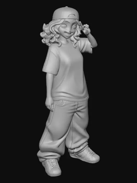 3D model for Convierte a la persona en un personaje estilo anime . estilo cholo.  y jeans  baggy que cubra sus pies . sin lentes.  . estilo  ganster. . tenis addidass. camiseta. el modelo tiene que estar en estilo anime. para un modelo de impresion listo en 3D.  
 quita el arbol. y has el modelo respetando su fisionomia. y todo su atuendo