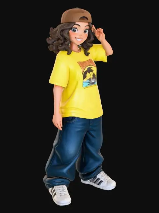 3D model for Convierte a la persona en un personaje estilo anime . estilo cholo.  y jeans  baggy que cubra sus pies . sin lentes.  . estilo  ganster. . tenis addidass. camiseta. el modelo tiene que estar en estilo anime. para un modelo de impresion listo en 3D.  
 quita el arbol. y has el modelo respetando su fisionomia. y todo su atuendo