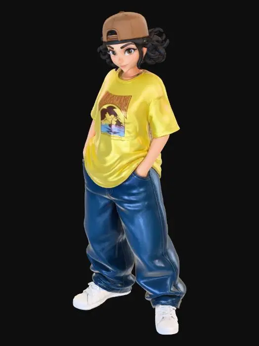 3D model for copia  al personaje de  anime . estilo cholo.  y jeans  baggy que cubra sus pies . sin lentes.  . estilo  ganster. tenis addidass. camiseta. el modelo tiene que estar en poses estandar,sin el arbol  y has el modelo respetando su fisionomia. y todo su atuendo. y estilo de peinado.