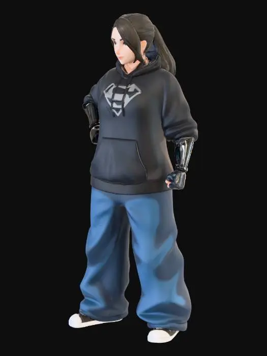 3D model for Toma como referencia la foto. Convierte a la persona en un personaje estilo anime. conserva su estatura y cuerpo. no lentes no sombrero. ropa estilo homie. cholo. con pantalones cholos. que cubran los pies. y solo la punta de los tenis salga. Usando ropa  de super heroe. Poses de superheroe.
