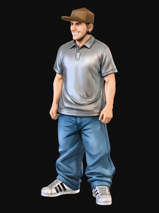 3D model for Toma como referencia la foto. Convierte a la persona en un personaje estilo anime . estilo cholo.  y jeans  baggy que cubra suss piess . sin lentes.  . estilo  ganster. . tenis addidass. camiseta polo. quita el celular de su rostro y toma solo el rosstro