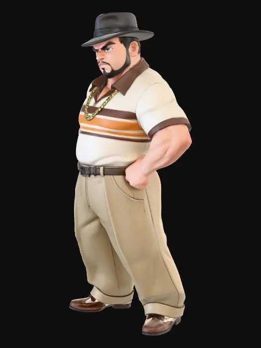 3D model for Toma como referencia la foto. Convierte a la persona en un personaje estilo anime . estilo pachuco . sin lentes.  . estilo  ganster. has al personaje musculoso y rellenito. con su cadena y su sombrero. altura del modelo 1.80 m
