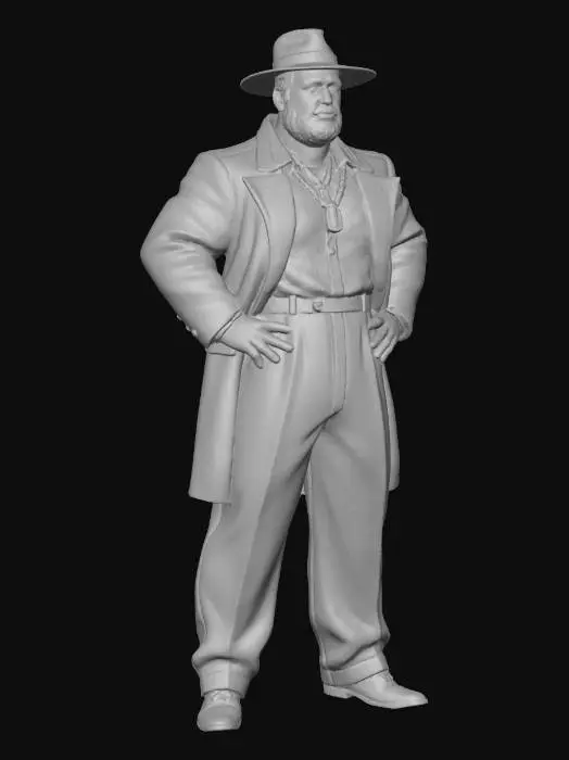 3D model for Toma como referencia la foto. Convierte a la persona en un personaje estilo anime . estilo pachuco . sin lentes.  . estilo  ganster. has al personaje musculoso y rellenito. con su cadena y su sombrero. altura del modelo 1.80 m has el modelo con las piernass largas 
que se pueda ver el cuerpo entero