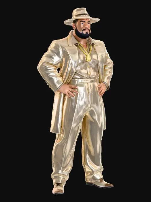 3D model for Toma como referencia la foto. Convierte a la persona en un personaje estilo anime . estilo pachuco . sin lentes.  . estilo  ganster. has al personaje musculoso y rellenito. con su cadena y su sombrero. altura del modelo 1.80 m has el modelo con las piernass largas 
que se pueda ver el cuerpo entero