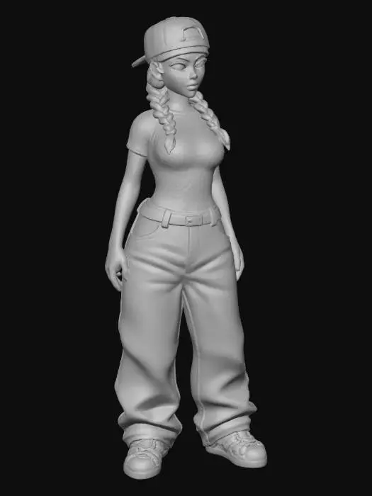 3D model for copia  al personaje de  anime . estilo cholo.  y jeans  baggy que cubra sus pies . sin lentes.  . estilo  ganster. tenis addidass. el modelo tiene que estar en poses estandar,sin el arbol  y has el modelo respetando su fisionomia. y todo su atuendo. y estilo de peinado. incrementa el busto. usa una blusa mas pegada al cuerpo