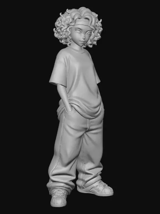 3D model for copia  al personaje de  anime . estilo cholo.  y jeans  baggy que cubra sus pies . sin lentes.  . estilo  ganster. tenis addidass. camiseta. el modelo tiene que estar en poses estandar,sin el arbol  y has el modelo respetando su fisionomia. y todo su atuendo. y estilo de peinado.