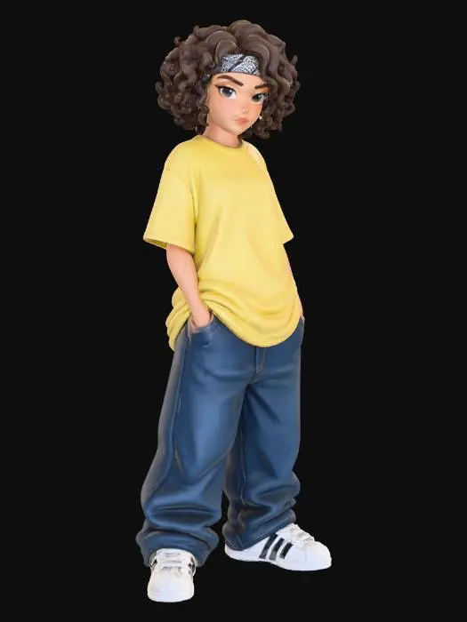 3D model for copia  al personaje de  anime . estilo cholo.  y jeans  baggy que cubra sus pies . sin lentes.  . estilo  ganster. tenis addidass. camiseta. el modelo tiene que estar en poses estandar,sin el arbol  y has el modelo respetando su fisionomia. y todo su atuendo. y estilo de peinado.