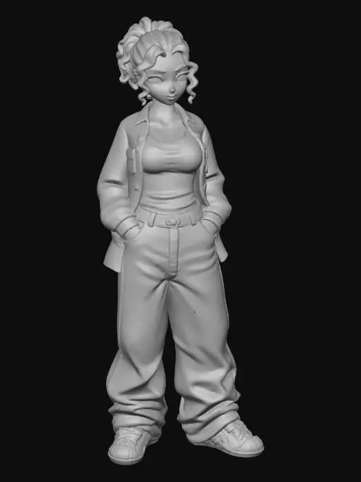 3D model for copia  al personaje de  anime . estilo cholo.  y jeans  baggy que cubra sus pies . sin lentes.  . estilo  ganster. tenis addidass. el modelo tiene que estar en poses estandar,sin el arbol  y has el modelo respetando su fisionomia. y todo su atuendo. y estilo de peinado. copa D de busto. usa una blusa mas pegada al cuerpo