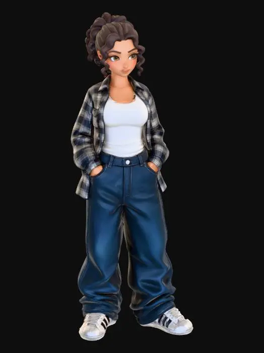 3D model for copia  al personaje de  anime . estilo cholo.  y jeans  baggy que cubra sus pies . sin lentes.  . estilo  ganster. tenis addidass. el modelo tiene que estar en poses estandar,sin el arbol  y has el modelo respetando su fisionomia. y todo su atuendo. y estilo de peinado. copa D de busto. usa una blusa mas pegada al cuerpo