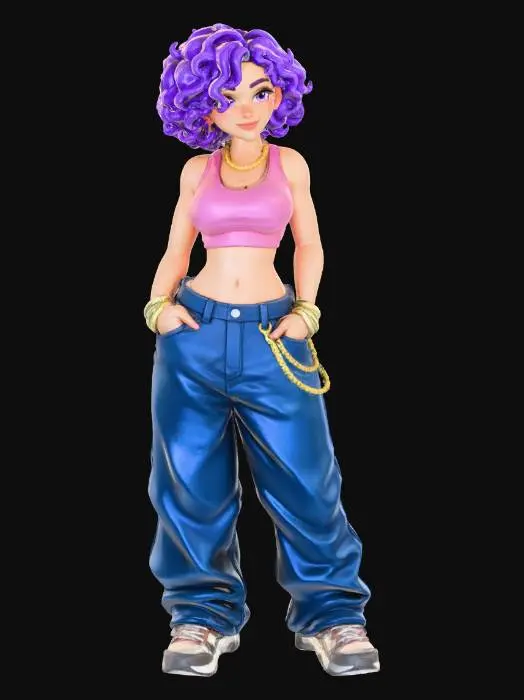 3D model for copia  al personaje de  anime . estilo cholo.  y jeans  baggy que cubra sus pies . sin lentes.  . estilo  ganster. tenis de scater, el modelo tiene que estar en poses estandar,sin el arbol  y has el modelo respetando su fisionomia. y todo su atuendo. y estilo de peinado . quita la gorra., con un sport bra. y senos grandess. usa colores femeninos y color de cabello distinto.