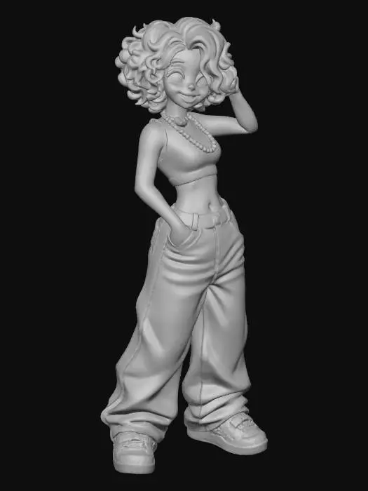 3D model for copia  al personaje de  anime . estilo cholo.  y jeans  baggy que cubra sus pies . sin lentes.  . estilo  ganster. tenis de scater, el modelo tiene que estar en poses estandar,sin el arbol  y has el modelo respetando su fisionomia. y todo su atuendo. y estilo de peinado . quita la gorra., con un sport bra. y senos grandess. usa colores femeninos y color de cabello distinto.