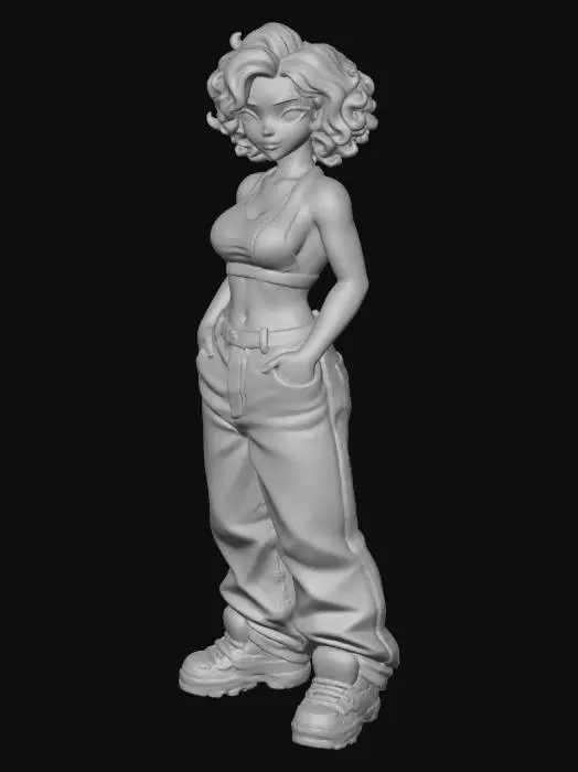 3D model for copia  al personaje de  anime . estilo cholo.  y jeans  baggy que cubra sus pies . sin lentes.  . estilo  ganster. tenis de scater, el modelo tiene que estar en poses estandar,sin el arbol  y has el modelo respetando su fisionomia. y todo su atuendo. y estilo de peinado . quita la gorra., con un sport bra. y senos grandess. usa colores femeninos y color de cabello distinto.