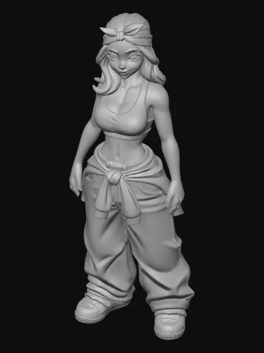 3D model for copia  al personaje de  anime . estilo cholo.  y jeans  baggy que cubra sus pies . sin lentes.  . estilo  ganster. tenis de scater, el modelo tiene que estar en poses estandar,sin el arbol  y has el modelo respetando su fisionomia. y todo su atuendo. y estilo de peinado . quita la gorra., con un sport bra. y senos grandess. usa colores femeninos y color de cabello distinto.