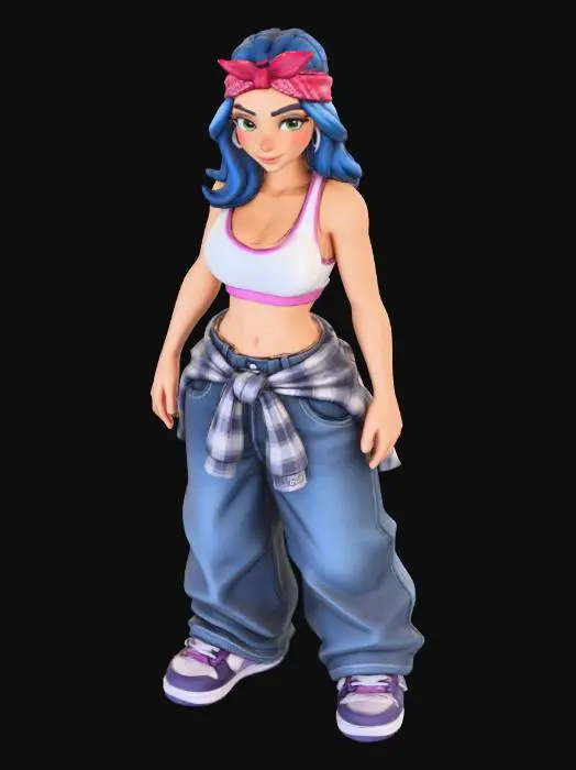 3D model for copia  al personaje de  anime . estilo cholo.  y jeans  baggy que cubra sus pies . sin lentes.  . estilo  ganster. tenis de scater, el modelo tiene que estar en poses estandar,sin el arbol  y has el modelo respetando su fisionomia. y todo su atuendo. y estilo de peinado . quita la gorra., con un sport bra. y senos grandess. usa colores femeninos y color de cabello distinto.