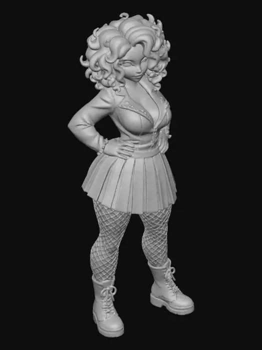 3D model for copia  al personaje de  anime. estilo roquero.conbat boots, el modelo tiene que estar en poses estandar,sin el arbol  y has el modelo lo mas femenino posible. quita la gorra. con un  top de cuerllo abierto.senos grandes. usa colores femeninos y color de cabello distinto. usar diferente tipo de cabello. caderas grandes. talla large en los pechos. 
poses de modelo de revista sin usar poses con los dedos.