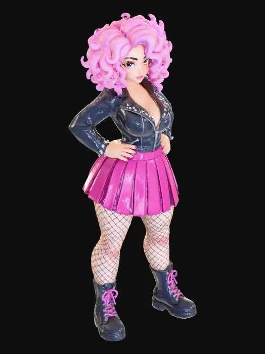 3D model for copia  al personaje de  anime. estilo roquero.conbat boots, el modelo tiene que estar en poses estandar,sin el arbol  y has el modelo lo mas femenino posible. quita la gorra. con un  top de cuerllo abierto.senos grandes. usa colores femeninos y color de cabello distinto. usar diferente tipo de cabello. caderas grandes. talla large en los pechos. 
poses de modelo de revista sin usar poses con los dedos.