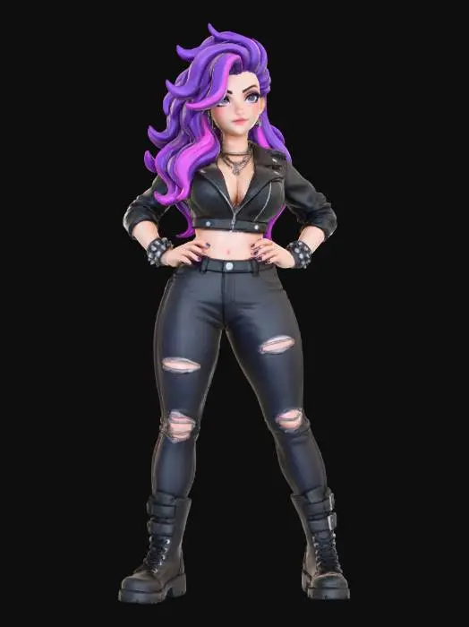 3D model for copia  al personaje de  anime. estilo roquero.conbat boots, el modelo tiene que estar en poses estandar,sin el arbol  y has el modelo lo mas femenino posible. quita la gorra. con un  top de cuerllo abierto.senos grandes. usa colores femeninos y color de cabello distinto. usar diferente tipo de cabello. caderas grandes. talla large en los pechos. 
poses de modelo de revista sin usar poses con los dedos.