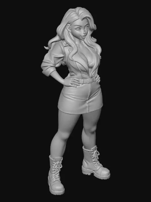 3D model for copia  al personaje de  anime. estilo roquero.conbat boots, el modelo tiene que estar en poses estandar,sin el arbol  y has el modelo lo mas femenino posible. quita la gorra. con un  top de cuerllo abierto.senos grandes. usa colores femeninos y color de cabello distinto. usar diferente tipo de cabello. caderas grandes. talla large en los pechos. 
poses de modelo de revista sin usar poses con los dedos.