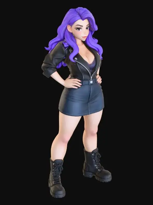 3D model for copia  al personaje de  anime. estilo roquero.conbat boots, el modelo tiene que estar en poses estandar,sin el arbol  y has el modelo lo mas femenino posible. quita la gorra. con un  top de cuerllo abierto.senos grandes. usa colores femeninos y color de cabello distinto. usar diferente tipo de cabello. caderas grandes. talla large en los pechos. 
poses de modelo de revista sin usar poses con los dedos.
