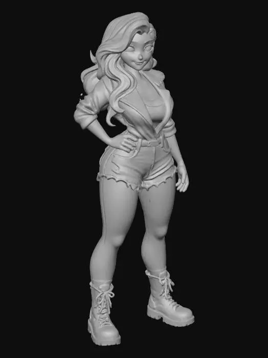 3D model for copia  al personaje de  anime. estilo roquero.conbat boots, el modelo tiene que estar en poses estandar,sin el arbol  y has el modelo lo mas femenino posible. quita la gorra. con un  top de cuerllo abierto.senos grandes. usa colores femeninos y color de cabello distinto. usar diferente tipo de cabello. caderas grandes. talla large en los pechos. 
poses de modelo de revista sin usar poses con los dedos.