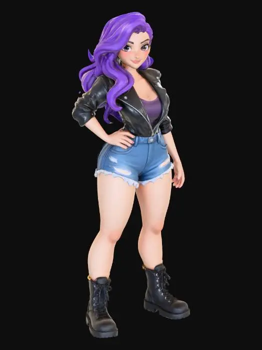 3D model for copia  al personaje de  anime. estilo roquero.conbat boots, el modelo tiene que estar en poses estandar,sin el arbol  y has el modelo lo mas femenino posible. quita la gorra. con un  top de cuerllo abierto.senos grandes. usa colores femeninos y color de cabello distinto. usar diferente tipo de cabello. caderas grandes. talla large en los pechos. 
poses de modelo de revista sin usar poses con los dedos.