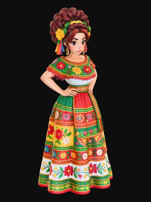 3D model for copia  al personaje de  anime. estilo mexicano , el modelo tiene que estar en poses estandar,sin el arbol  y has el modelo lo mas femenino posible. quita la gorra. senos grandes. usa colores mexicanos  y color de cabello distinto. usar diferente tipo de cabello. caderas grandes. talla large en los pechos. cuerpo entero que se vea todo el cuerpo en la imagen.
poses de modelo de revista sin usar poses con los dedos. ropa tipica mexicana
