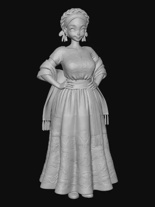 3D model for copia  al personaje de  anime. estilo mexicano , el modelo tiene que estar en poses estandar,sin el arbol  y has el modelo lo mas femenino posible. quita la gorra. senos grandes. usa colores mexicanos  y color de cabello distinto. usar diferente tipo de cabello. caderas grandes. talla large en los pechos. cuerpo entero que se vea todo el cuerpo en la imagen.
poses de modelo de revista sin usar poses con los dedos. ropa tipica mexicana