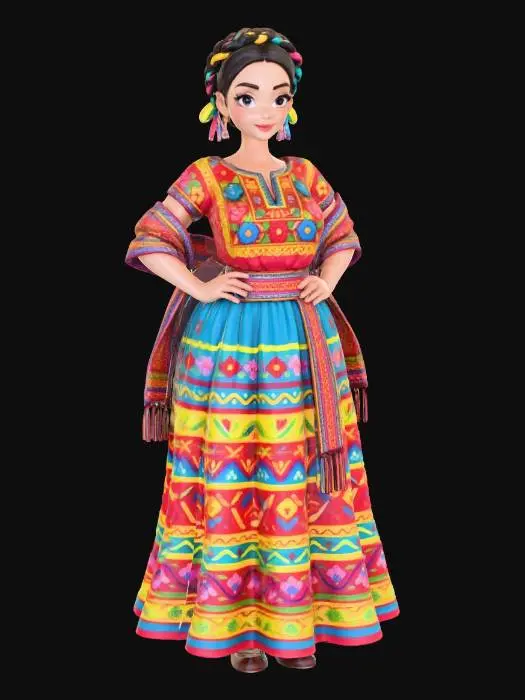 3D model for copia  al personaje de  anime. estilo mexicano , el modelo tiene que estar en poses estandar,sin el arbol  y has el modelo lo mas femenino posible. quita la gorra. senos grandes. usa colores mexicanos  y color de cabello distinto. usar diferente tipo de cabello. caderas grandes. talla large en los pechos. cuerpo entero que se vea todo el cuerpo en la imagen.
poses de modelo de revista sin usar poses con los dedos. ropa tipica mexicana