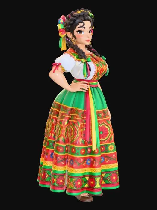 3D model for copia  al personaje de  anime. estilo mexicano , el modelo tiene que estar en poses estandar,sin el arbol  y has el modelo lo mas femenino posible. quita la gorra. senos grandes. usa colores mexicanos  y color de cabello distinto. usar diferente tipo de cabello. caderas grandes. talla large en los pechos. cuerpo entero que se vea todo el cuerpo en la imagen.
poses de modelo de revista sin usar poses con los dedos. ropa tipica mexicana