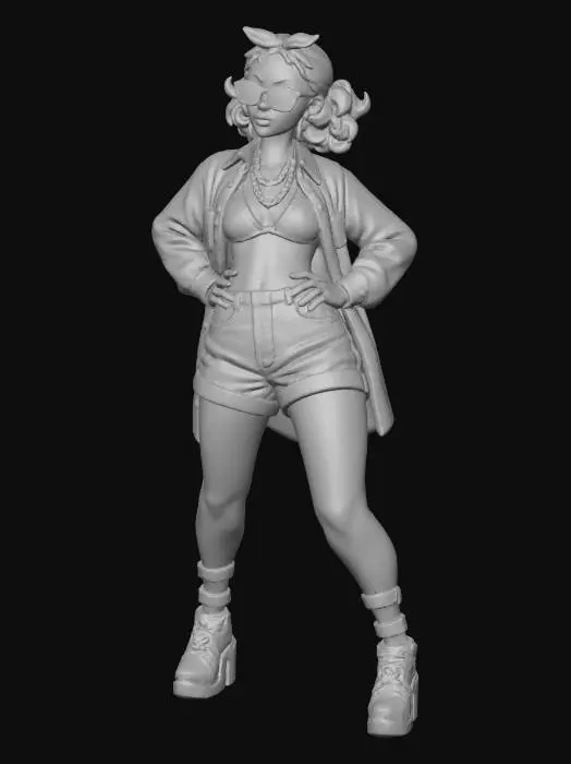 3D model for copia  al personaje de  anime, ,sin el arbol . usa colores y poses de modelo de revista sin usar poses con los dedos. todo el cuerpo en una imagen. estilo cholo. desde el pantalon hasta los accesorios cadenas, lentes, o cual quiero accesorios que sea del estilo cholo. usa short cacheteros, camisa larga encima abierta. debajo bikini top, los pechos en copa CC