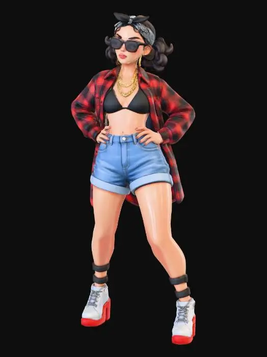 3D model for copia  al personaje de  anime, ,sin el arbol . usa colores y poses de modelo de revista sin usar poses con los dedos. todo el cuerpo en una imagen. estilo cholo. desde el pantalon hasta los accesorios cadenas, lentes, o cual quiero accesorios que sea del estilo cholo. usa short cacheteros, camisa larga encima abierta. debajo bikini top, los pechos en copa CC