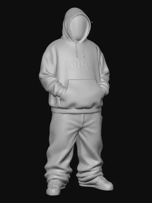 3D model for Toma como referencia la foto. Convierte a la persona en un personaje estilo anime . estilo cholo.  y jeans  baggy que cubra sus pies . sin lentes.  . estilo  ganster. . tenis addidass. camiseta. el modelo tiene que estar en estilo anime. para un modelo de impresion listo en 3D.  
con hoodie puesto sin rostro